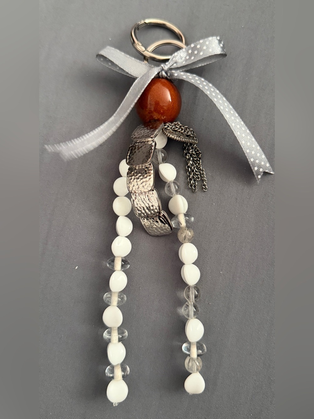 Beaded Keychain in White & Brown Like New